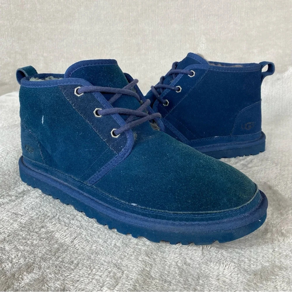 UGG Neumel Boots Mens Size 9 Blue Suede Shearling Chukka Ankle Lace Up